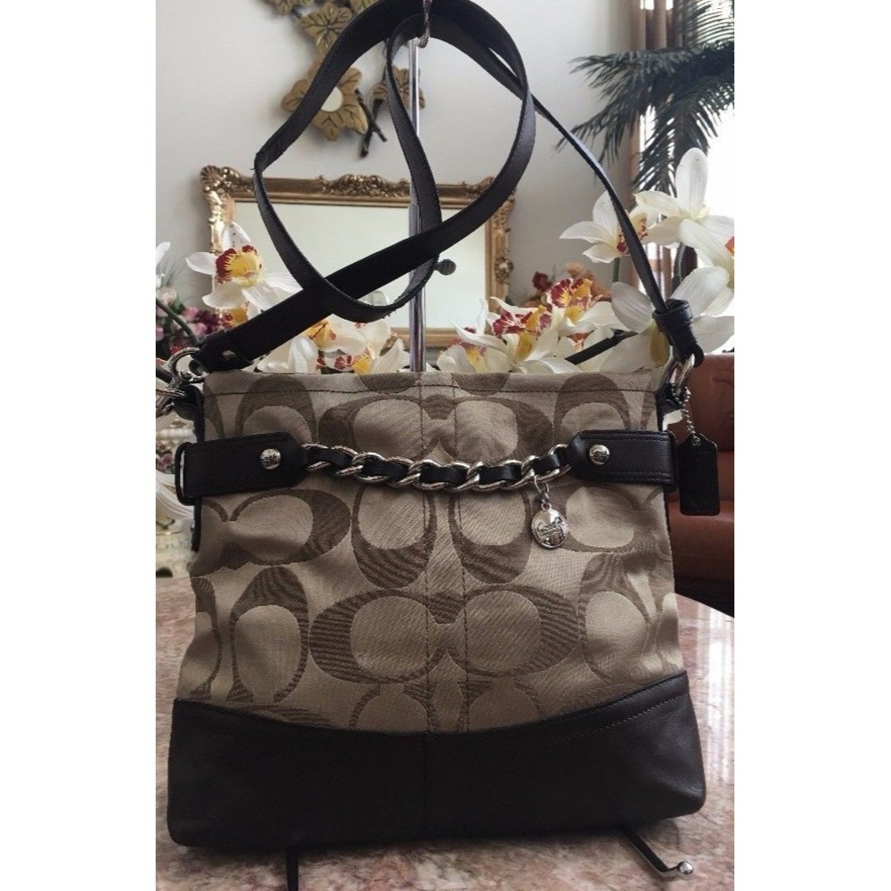 Coach Sig. Beige Jacquard Brown Leather Chain Duffle Cross-body F18862 EUC! $278